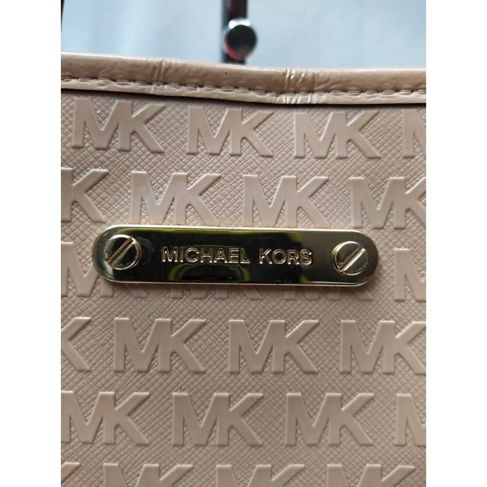 Michael Kors Beige Coated Canvas Leather Trim MK Printed Double Handles Tote Bag
